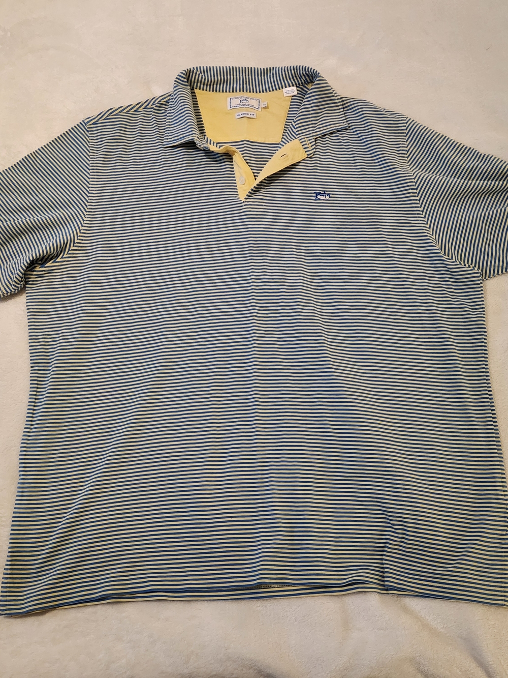 Southern Tide Blue & White Striped Polo with Yellow Trim